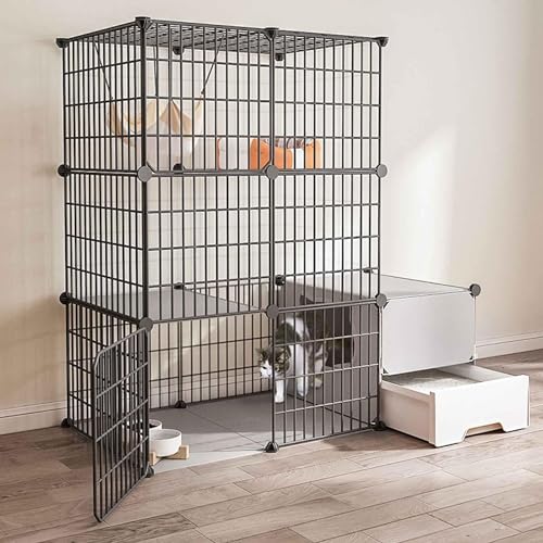 Katzenkäfig, Metall, Katzenkäfige für den Innenbereich, groß, mit Katzentoilette, Katzenhäuser im Heimtierbedarf für draußen, Kleintierkäfig, Schwarz/Gelb, 111 x 49 x 109 cm (Farbe: Schwarz, von FOKAI