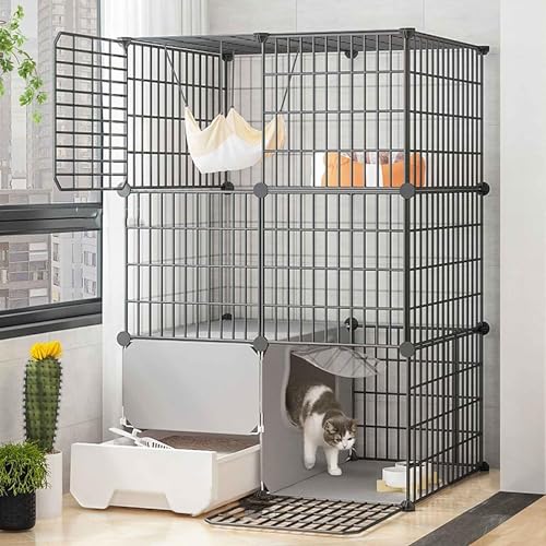 Katzenkäfig, groß, aus Metall – Katzenkäfige drinnen/draußen mit Katzentoilette, Katzenhäuser und Eigentumswohnungen, Kleintierkäfig, Schwarz/Gelb, Verschiedene Größen (Farbe: B-Schwarz, Grö von FOKAI