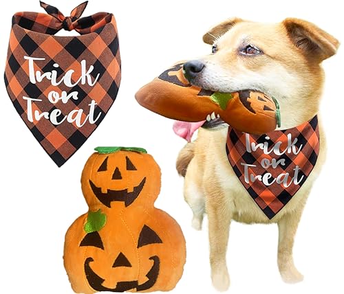 Kürbis Hundespielzeug und kariertes Halloween Hundehalstuch für kleine mittelgroße Hunde von FONBALLOON PARTY