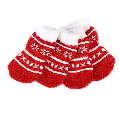 FONDOTIN 4er-Pack Weihnachtssocken für Haustiere rutschfeste Socken für Hunde und Katzen große Größe Baumwolle Gummi rot schützt die Pfoten und hält sie sauber von FONDOTIN