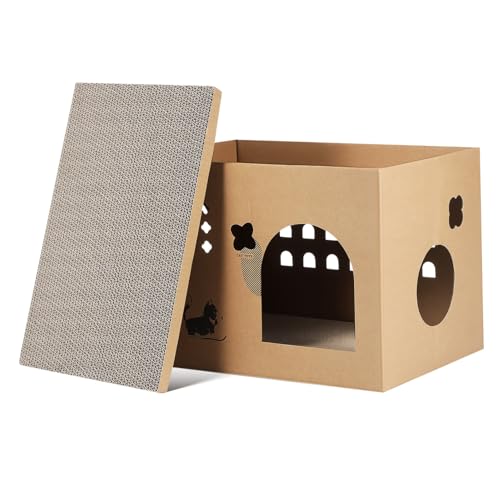 FONDOTIN Katzenkratzbett Katzenvilla Kartonhaus Für Katzen Katzenkartonhaus Katzenhäuser Aus Pappe Für Wohnungskatzen Gewelltes Katzenhaus Katzenhäuser Im Freien Katzenhaus Drinnen Wellpapier Beige von FONDOTIN