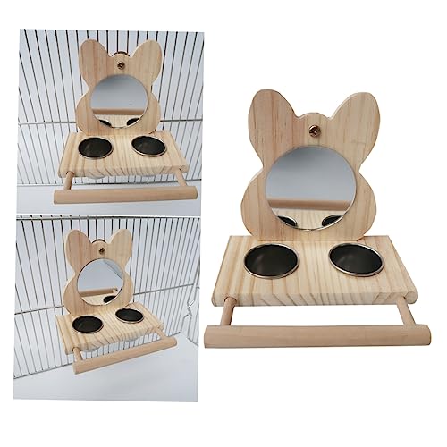 FONDOTIN Papagei Feeder Edelstahl Vogel Lebensmittel Wasser Schüssel Einfache Reinigung Dekorative Spiegel Holz Rack von FONDOTIN