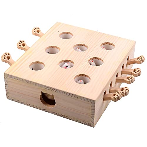 FOOPOMARY Whack A Mole Katzenspielzeug, Massivholzbox, interaktives Katzenspielzeug für Innenkatzen, Kätzchen, Hund, Welpen, Haustier-Puzzle-Spiel, Spaß, Fangen von Mäusen, 8 Löcher/Holz von FOOPOMARY