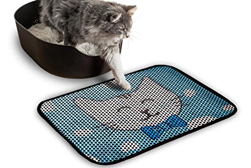 FOREVERPETSUPPLIES Katzenstreu-Matte, waschbar, groß, für den Innenbereich, Wabenstruktur, doppellagig, wasserdicht und urinfest, niedliches Kätzchen-Design, 61 x 40,6 cm, Blau von FOREVERPETSUPPLIES