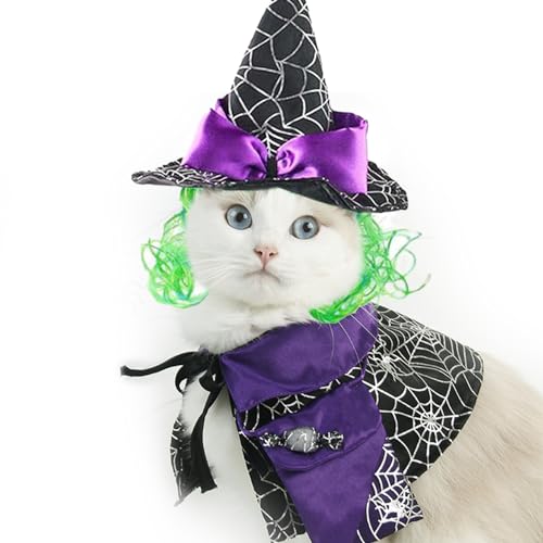 Halloween-Spinnenkostüm für Haustiere, mit Hexenhut, Katze, Spinne, Zauberer-Kostüm, Katzen-Umhang, Hut, Kleidung für kleine, mittelgroße Hunde und Katzen, Größe M von FORFAXE