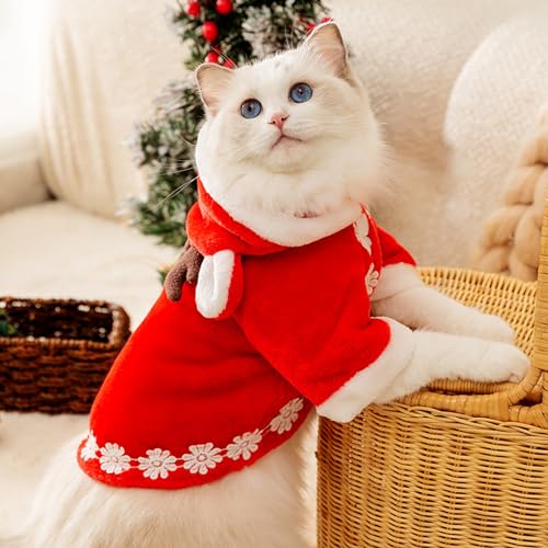 Weihnachtskostüm für Katzen und Hunde, Katzenumhang mit Elchhut, Welpen-Weihnachts-Kapuzenpullover, niedlich, warm, Elch-Stil, Kleidung für Katzen und kleine Hunde, Größe L von FORFAXE