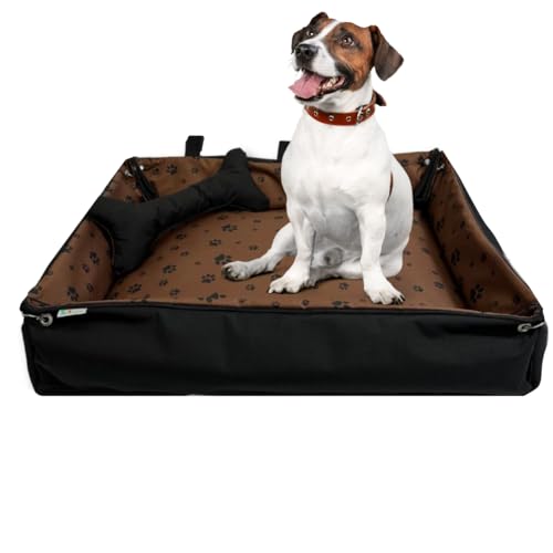 FORTISLINE Hundebett Oksana Gr. M - bequemes Hundebett mit abnehmbarem Bezug, waschbar, weich gepolstert, ideal für mittelgroße Hunde - trendiges Design (Pfoten Braun/Schwarz) von FORTISLINE