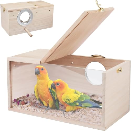 Nistkasten aus Naturholz für Sittiche, transparentes Design, Brutkasten mit Sitzstange, Holz, Vogelkäfighaus für Nymphensittiche, Lovebirds Wellensittiche, Finken, Papageien, Kanarienvögel (mittel) von FORZENA