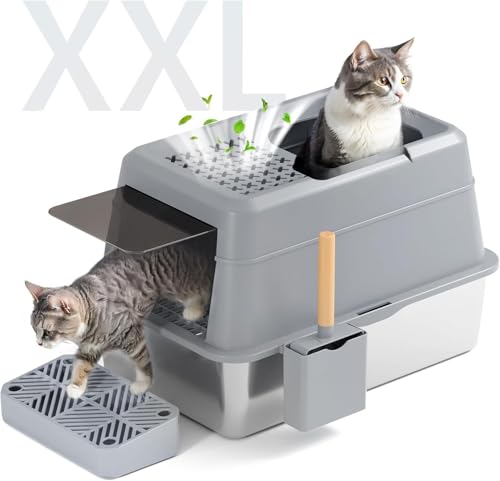 FRETONBA Katzenklo Edelstahl XXL, Katzentoilette 26L Groß Kapazität, Katzentoiletten Hochwandig, Auslaufsicher und Leicht zu Reinigen, Cat Litter Box mit Deckel, Pedal, Schaufel, Grau von FRETONBA