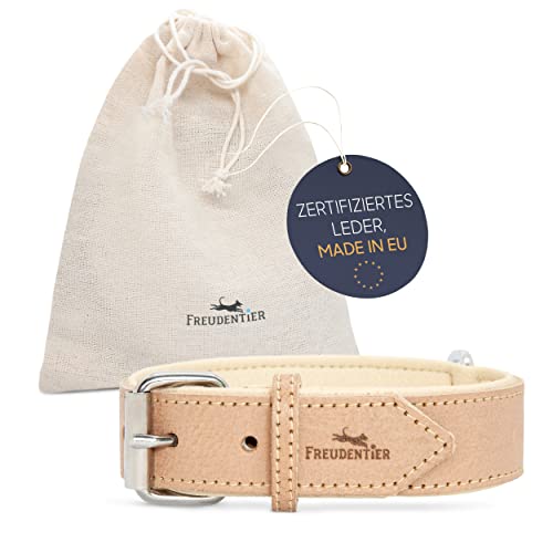 FREUDENTIER® Hundehalsband aus Leder, Made in Holland, gefüttert & super komfortabel, hochwertiges breites Lederhalsband aus Vollnarbenleder, Model “Amstelpark” (21-29cm Halsumfang, Sand) von FREUDENTIER