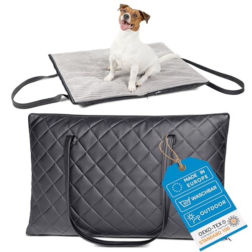 FREUDENTIER Faltbare Outdoor Hundematte | Gestepptes Kunstleder mit Cord Liegefläche | Waschbar, Wasser- und Schmutzabweisend | Hundedecke für unterwegs, Made in EU (75x60cm Liegefläche) von FREUDENTIER