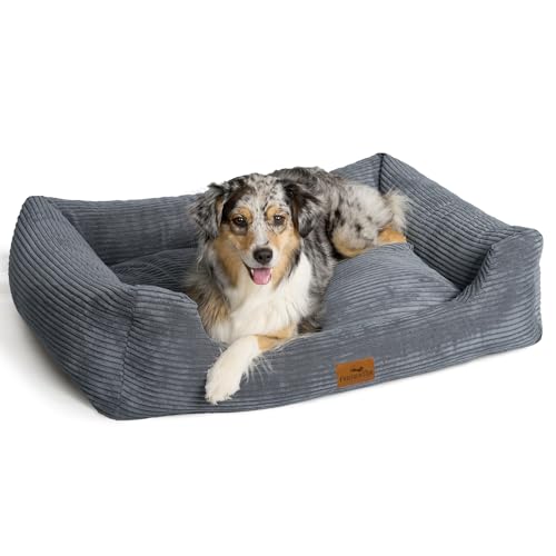 FREUDENTIER Orthopädisches Hundebett aus Cord - Waschbar - Herausnehmbares Liegekissen - Oeko® TEX Zertifiziert & Handmade in Europe - Für kleine, mittelgroße & große Hunde (Dunkelgrau, L) von FREUDENTIER