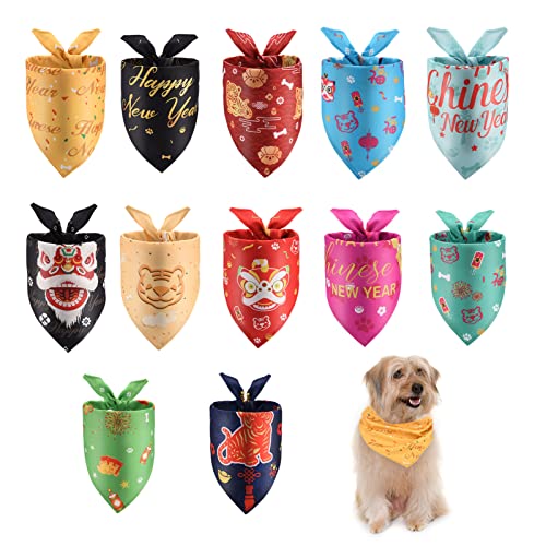 FRIUSATE Hundehalstuch, Motiv: Frohes neues Jahr, Tiger, Polyester, Halstuch, Blume, Hawaii, Obst, 4 Jahreszeiten, waschbar, verstellbares Halstuch-Set für die meisten Hunde und Katzen, 12 Stück von FRIUSATE