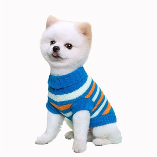 2-teiliger gestrickter Hund Pullover, kleine Pullover Atmungsaktives Gewebe, gemütliches Winter Outfit, elastische Passformdekleidung für Yorkie und mehr weicher Turtleneck (L,Blue Stripe) von FROMWRTING