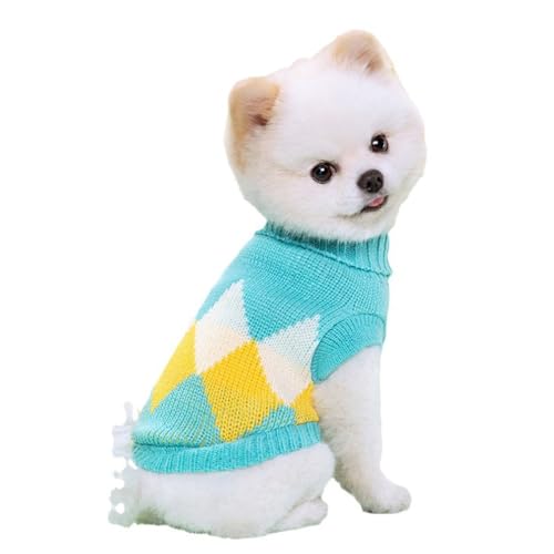 2-teiliger gestrickter Hund Pullover, kleine Pullover Atmungsaktives Gewebe, gemütliches Winter Outfit, elastische Passformdekleidung für Yorkie und mehr weicher Turtleneck (L,Blue diamond) von FROMWRTING