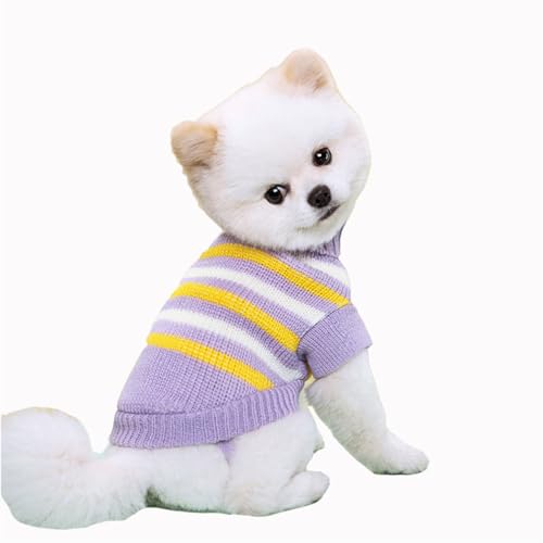 2-teiliger gestrickter Hund Pullover, kleine Pullover Atmungsaktives Gewebe, gemütliches Winter Outfit, elastische Passformdekleidung für Yorkie und mehr weicher Turtleneck (L,Purple stripe) von FROMWRTING