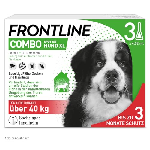 FRONTLINE Combo Hund XL gegen Zecken, Flöhe & Haarlinge (große Hunde über 40 kg) - 3X Pipetten für bis zu 3 Monate Schutz - auch gegen Floheier, Larven & Puppen im Haushalt - wasserfest von FRONTLINE