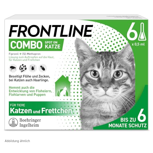 FRONTLINE Combo Katze gegen Zecken, Flöhe & Haarlinge (für Jede Größe & Gewicht) - 6X Pipetten für bis zu 6 Monate Schutz - auch gegen Floheier, Larven & Puppen im Haushalt - wasserfest von FRONTLINE