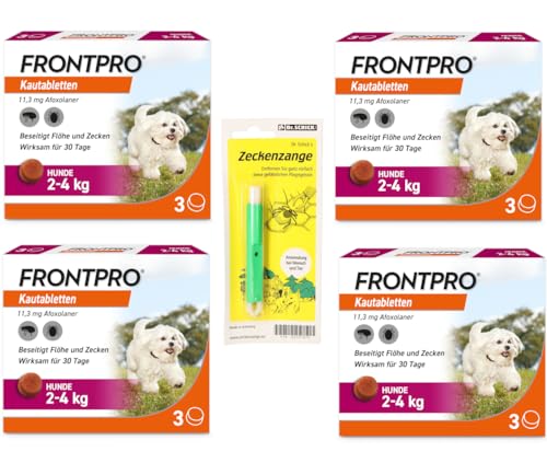 FRONTPRO Kautabletten für Hunde 2-4kg Viererpackung gegen Zecken und Flöhe mit Zeckenzange: Schutz für 30 Tage von FRONTPRO