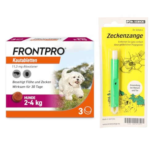 FRONTPRO Kautabletten für Hunde 2-4kg gegen Zecken und Flöhe mit Zeckenzange: Schutz für 30 Tage von FRONTPRO