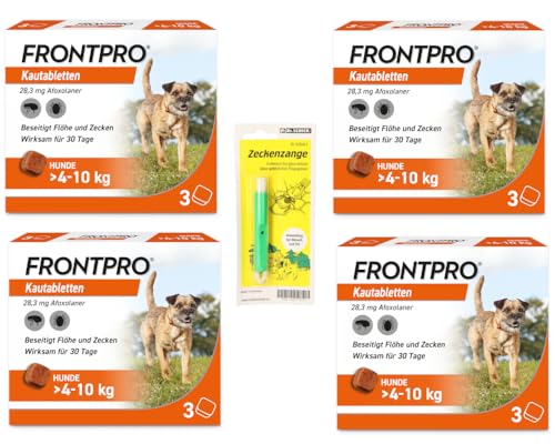 FRONTPRO Kautabletten für Hunde 4-10 kg 12-Monats-Set zum Schutz gegen Zecken und Flöhe mit Zeckenzange: Schützt bis zu 12 Monate von FRONTPRO