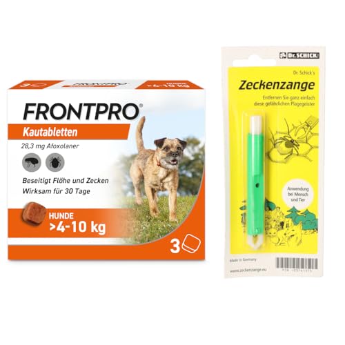 FRONTPRO Kautabletten für Hunde 4-10 kg 3-Monats-Packung zum Schutz gegen Zecken und Flöhe mit Zeckenzange: Schützt bis zu 3 Monate von FRONTPRO