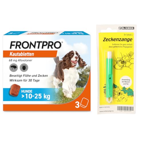 FRONTPRO Kautabletten für Hunde 10-25 kg 3-Monats-Packung zum Schutz gegen Zecken und Flöhe mit Zeckenzange: Schützt bis zu 3 Monate von FRONTPRO