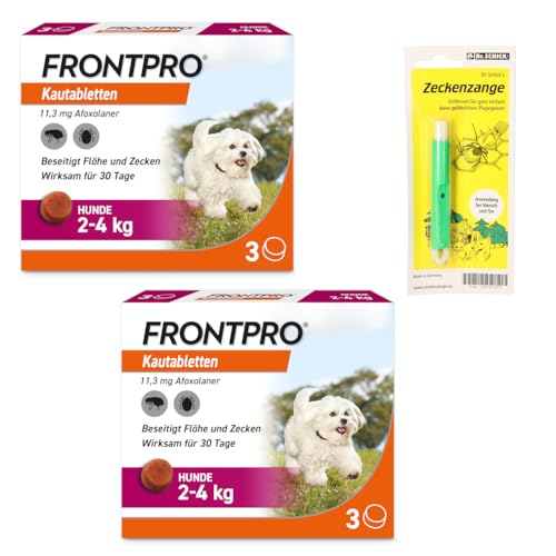FRONTPRO Kautabletten für Hunde 2-4kg Doppelpack gegen Zecken und Flöhe mit Zeckenzange: Schutz für 30 Tage von FRONTPRO