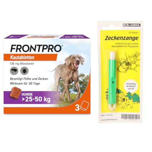 FRONTPRO Kautabletten für Hunde 25-50 kg 3-Monats-Packung zum Schutz gegen Zecken und Flöhe mit Zeckenzange: Schützt bis zu 3 Monate von FRONTPRO