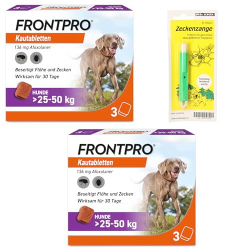 FRONTPRO Kautabletten für Hunde 25-50 kg 6-Monats-Set zum Schutz gegen Zecken und Flöhe mit Zeckenzange: Schützt bis zu 6 Monate von FRONTPRO