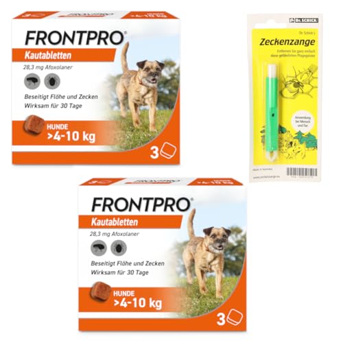 FRONTPRO Kautabletten für Hunde 4-10 kg 6-Monats-Set zum Schutz gegen Zecken und Flöhe mit Zeckenzange: Schützt bis zu 6 Monate von FRONTPRO