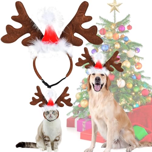 Weihnachten Haustier Stirnband,Haustier Kopfschmuck Haarreif,Hund Rentier Geweih Stirnband,Katze Rentier Geweih Weihnachtskostüm,Elch Kopfbedeckung,Weihnachts Geschenk Kostüm Outfit für Hunde Katzen von FSSPLJHYJ