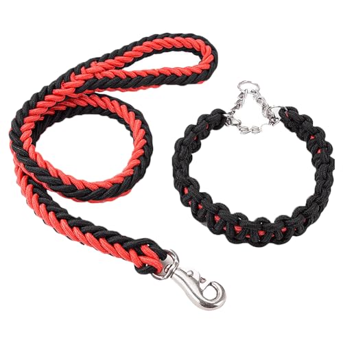 FSSTUD Hundeleinen-Halsband-Set, geflochtenes Nylon, Hundetrainingsleine, Kette, Haustier-Spazierengehseil, gewebt, weicher Griff, Halsband für kleine, mittelgroße und große Hunde, Schwarz / Rot von FSSTUD