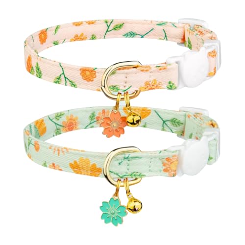 Katzenhalsband aus Baumwolle, niedliches Blumen-Kätzchen-Halsband, Blumendruck, Haustierhalsband, Blumenanhänger, Katzenhalsband, verstellbare Sicherheitsschnalle, Halsband mit Glöckchen für kleine von FSSTUD