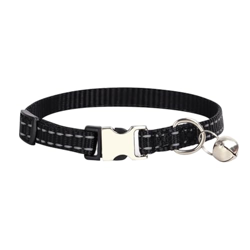 Reflektierendes Nylon-Halsband für kleine Hunde, Glöckchen, Metall-Sicherheitsschnalle, Katzenhalsband, einfarbig, atmungsaktiv, weich, verstellbar, Welpenhalsband für kleine Haustiere, Schwarz von FSSTUD