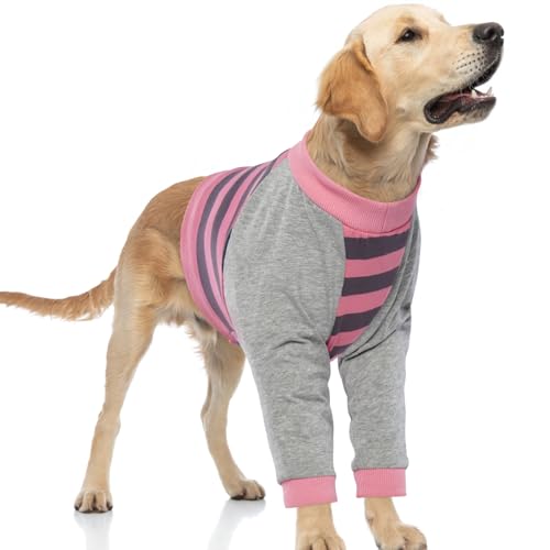 FUAMEY Genesungshemd für Hunde, mit Vorderbeinschutz, Ellenbogenschutz, verhindert Lecken von Gelenken, für mittelgroße und große Hunde, schützt Beinwunden, rosa Streifen, Größe L von FUAMEY