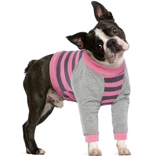 FUAMEY Genesungshemd für Hunde, mit Vorderbeinschutz, Ellenbogenschutz, verhindert Lecken von Gelenken, für mittelgroße und große Hunde, schützt Beinwunden, rosa Streifen, Größe S von FUAMEY