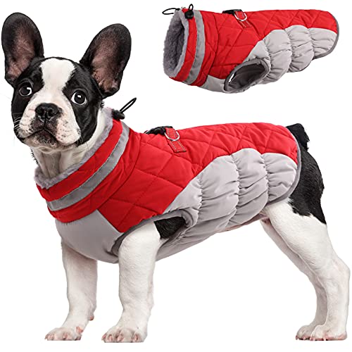 FUAMEY Hundemantel, warme Hundejacke, Wintermantel, gepolsterte Fleece-Weste, reflektierend, für kaltes Wetter, mit integriertem Geschirr, wasserdicht, winddicht, mit Reißverschluss, Rot, Größe S von FUAMEY