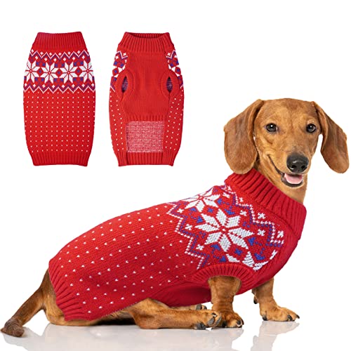 FUAMEY Hund Christamas Pullover, warmer Hundepullover klassische Schneeflocke Neujahr Rollkragenpullover Strickwaren kaltes Wetter Hunde Pullover für kleine mittelgroße Hunde Welpen & Katzen Bulldoggen Corgi mit Leinenloch von FUAMEY