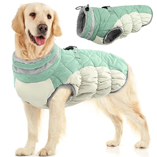 FUAMEY Hunde-Winterjacke, Hundemantel, für kaltes Wetter, gepolstert, warm, mit Reißverschluss, winddicht, Bekleidung, Haustier-Fleece-gefüttert, Outfit für kleine, mittelgroße und große Hunde mit Geschirr, gemütliche Hundekleidung mit Fellkragen von FUAMEY