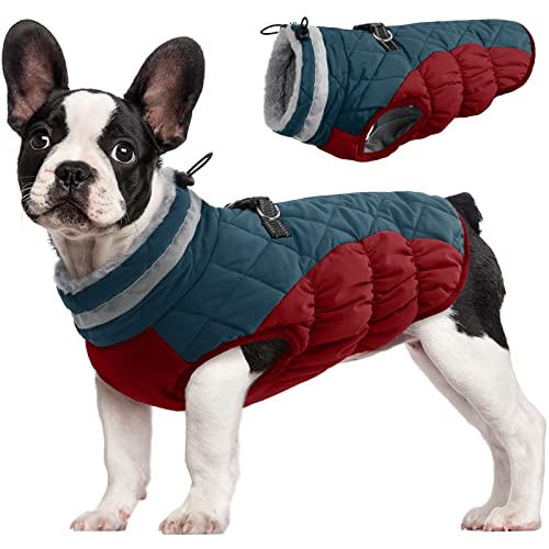 FUAMEY Hunde-Winterjacke, Hundemantel, für kaltes Wetter, gepolstert, warm, mit Reißverschluss, winddicht, Bekleidung, Haustier-Fleece-gefüttert, Outfit für kleine, mittelgroße und große Hunde mit Geschirr, gemütliche Hundekleidung mit Fellkragen von FUAMEY