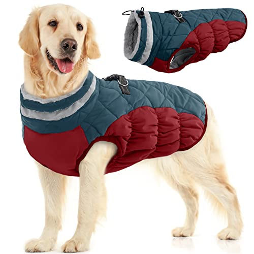 FUAMEY Hunde-Winterjacke, Hundemantel, für kaltes Wetter, gepolstert, warm, mit Reißverschluss, winddicht, Bekleidung, Haustier-Fleece-gefüttert, Outfit für kleine, mittelgroße und große Hunde mit Geschirr, gemütliche Hundekleidung mit Fellkragen von FUAMEY