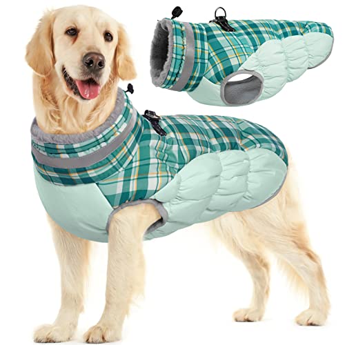 FUAMEY Hunde-Wintermantel, Hundejacken mit Geschirr, für kaltes Wetter, Hunde, gepolstert, wasserdicht, winddicht, Jacke mit Reißverschluss, reflektierend, für kleine, mittelgroße und große Hunde, grün, kariert, XL von FUAMEY