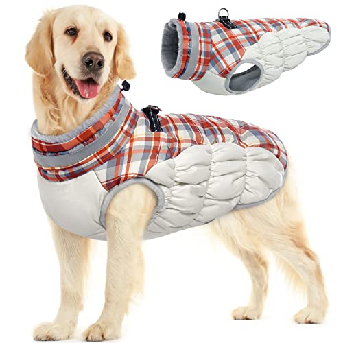 FUAMEY Hunde-Wintermantel – Jacke mit integriertem Geschirr, gepolsterte Weste für kaltes Wetter, reflektierende Kleidung für kleine bis große Hunde, rotes Karomuster von FUAMEY