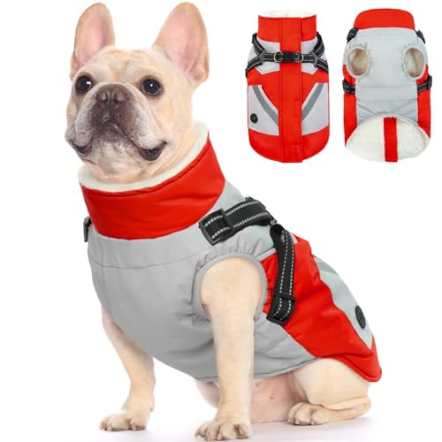 FUAMEY Hundejacken, Hundemantel mit Geschirr, integrierte wasserdichte Hundejacke, Wintermantel mit Reißverschluss auf der Rückseite, Schneeanzug, Haustierkleidung, Kotbeutel, Taschen, reflektierende von FUAMEY