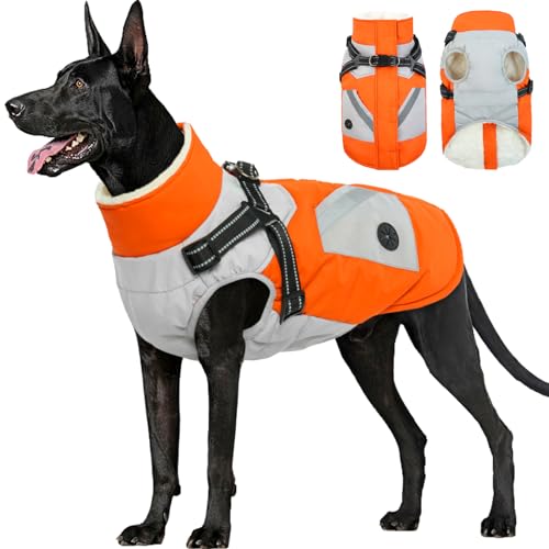 FUAMEY Hundejacken, Hundemantel mit Geschirr, integrierte wasserdichte Hundejacke, Wintermantel mit Reißverschluss auf der Rückseite, Schneeanzug, Haustierkleidung, Kotbeutel, Taschen, reflektierende von FUAMEY