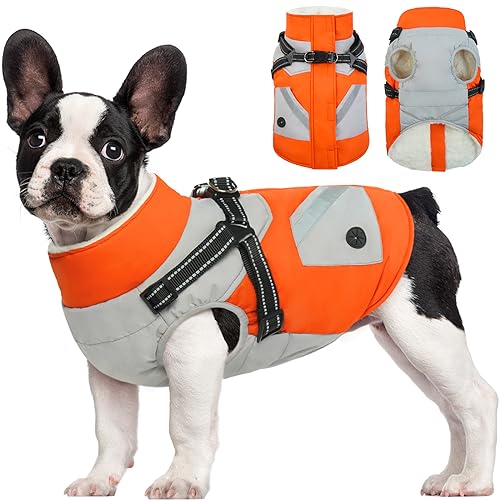 FUAMEY Hundejacke, wasserdicht und reflektierend, integriertes Geschirr, Wintermantel mit Reißverschluss, Schneeanzug, Haustierkleidung mit Kotbeuteltaschen, Orange, Größe L von FUAMEY