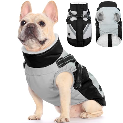 FUAMEY Hundejacke – wasserdicht & reflektierend, integriertes Geschirr, Wintermantel mit Reißverschluss, kleine Hundegröße, Schwarz mit Kotbeuteltaschen von FUAMEY