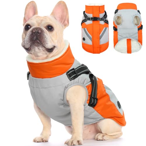 FUAMEY Hundejacken-Hundemantel mit Geschirr, eingebaute wasserdichte Hundejacke, Wintermantel mit Reißverschluss auf der Rückseite, Schneeanzug, Haustierkleidung mit Taschen, reflektierende Hundeweste von FUAMEY