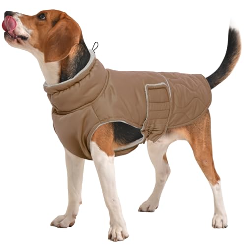 FUAMEY Winter-Hundejacke für große Hunde, kaltes Wetter, warme Hundejacke, wasserabweisendes Hunde-Outfit, dicker Hunde-Schneeanzug für Beagle Corgi, Haustier-Winterkleidung, Khaki, Größe L von FUAMEY